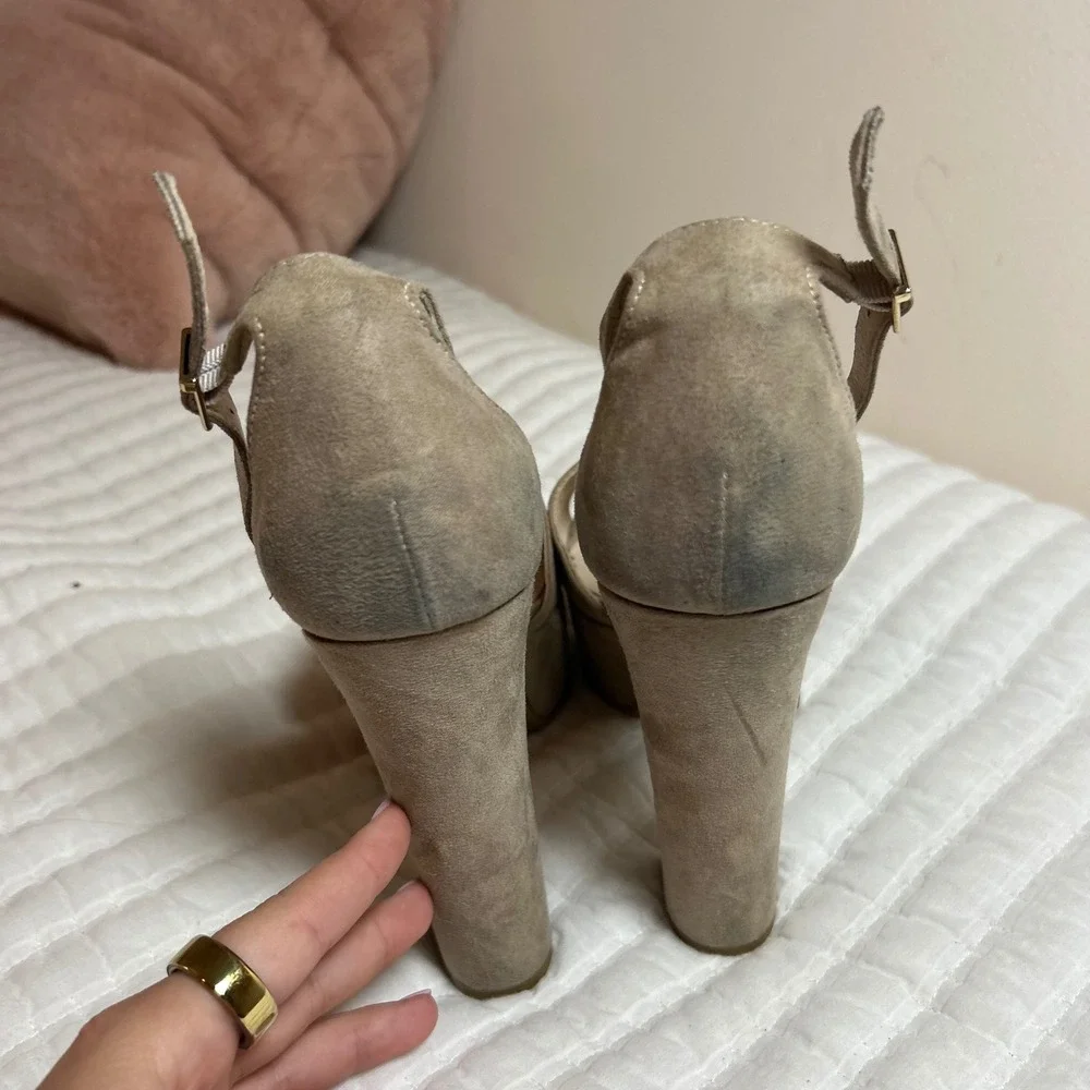 Chinese Laundry Women Taupe Suede Platform Block Heel Sandals Ankle Strap 7.5